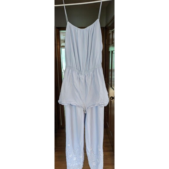 Topshop Jumpsuit Women's Blue Eyelet Viscose Spaghetti Straps Size 8 - Picture 4 of 14